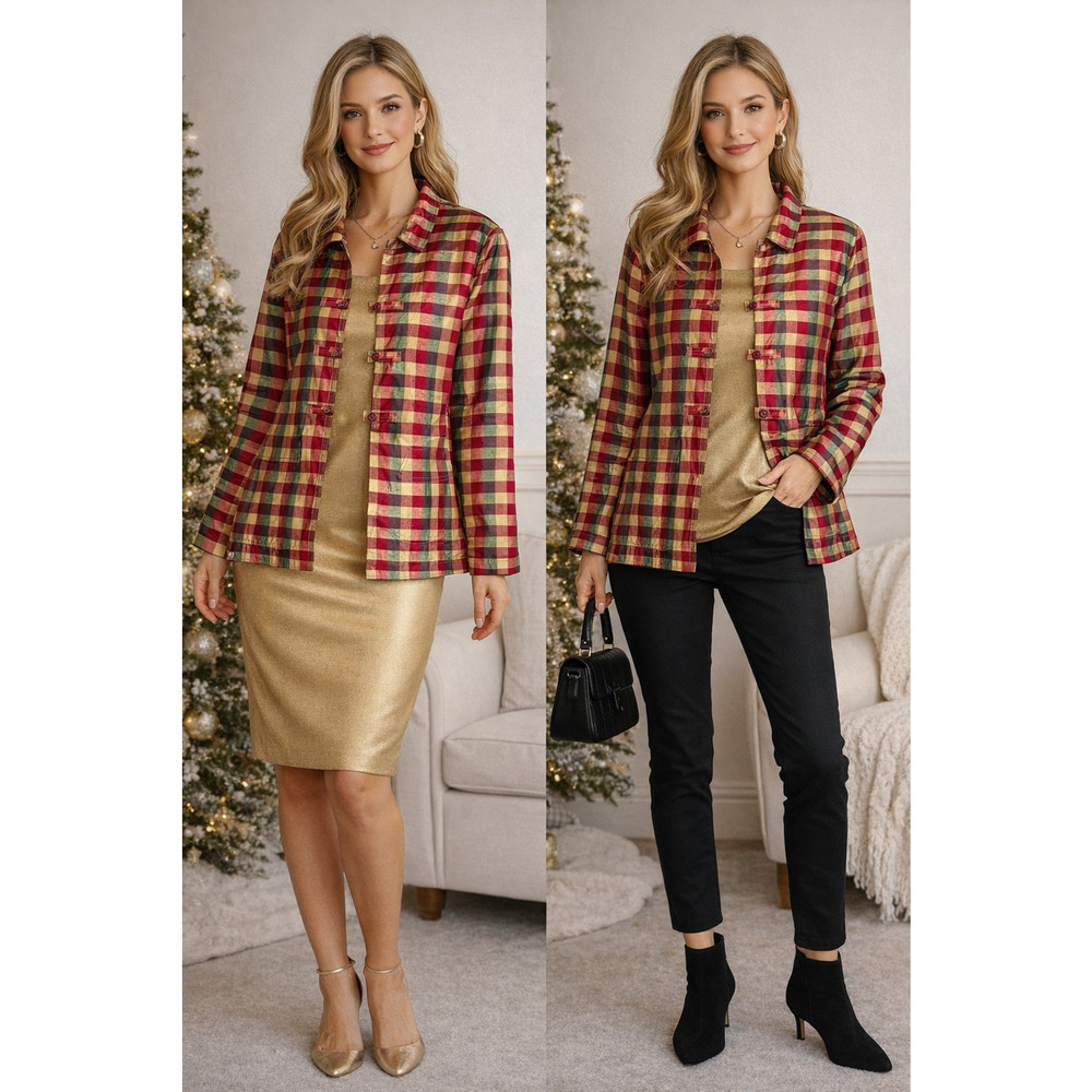 VTG Indo Chic Silk Plaid Jacket Red Green Gold Toggle Front Festive Holiday sz S